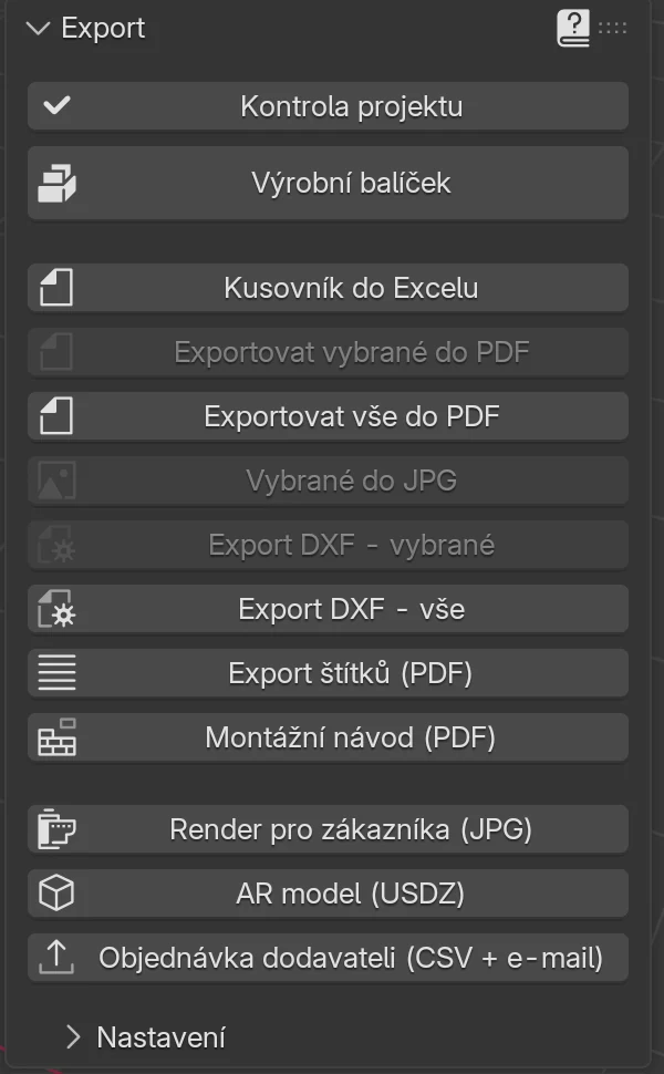 Panel Export na kartě EFS: Kontrola projektu, Výrobní balíček, Kusovník do Excelu, PDF, JPG, DXF, štítky, montážní návod, render, AR model, objednávka dodavateli a oddíl Nastavení