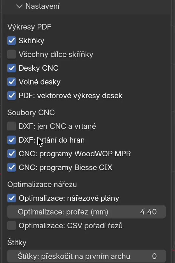 Oddíl Nastavení v panelu Export: Výkresy PDF, Soubory CNC, Optimalizace nářezu a Štítky; zde jsou zapnuté i MPR a CIX