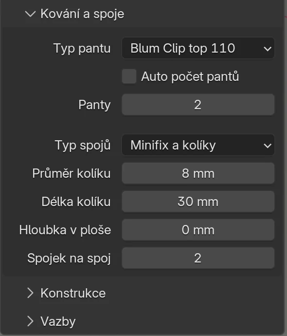 Oddíl Kování a spoje s Typ spojů Minifix a kolíky: Průměr kolíku 8 mm, Délka kolíku 30 mm, Hloubka v ploše 0 mm, Spojek na spoj 2