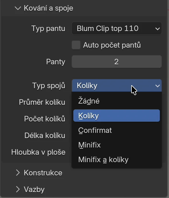 Oddíl Kování a spoje s otevřenou nabídkou Typ spojů: Žádné, Kolíky, Confirmat, Minifix, Minifix a kolíky; pod ní pole Průměr kolíku, Počet kolíků, Délka kolíku a Hloubka v ploše