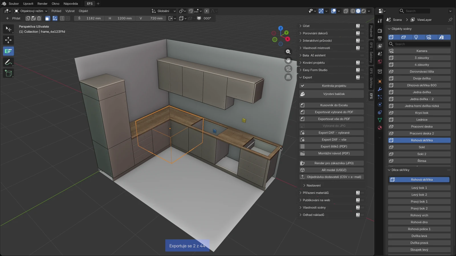 Výkresy se renderují na pozadí: Exportuje se 4 z 44 dole ve 3D zobrazení a vpravo nahoře zpráva Výrobní balíček ve složce /Users/Shared/Projekti/Kuchyně Novák/Kuchyně Novák_vyroba, souborů: 9