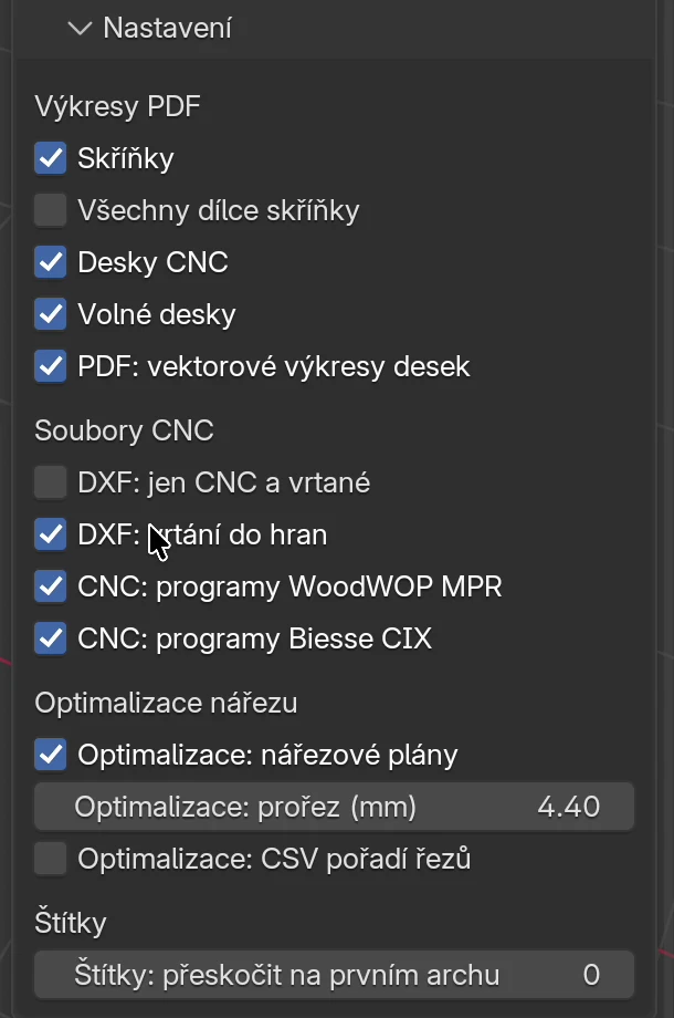 Podpanel Nastavení se skupinami Výkresy PDF, Soubory CNC, Optimalizace nářezu a Štítky