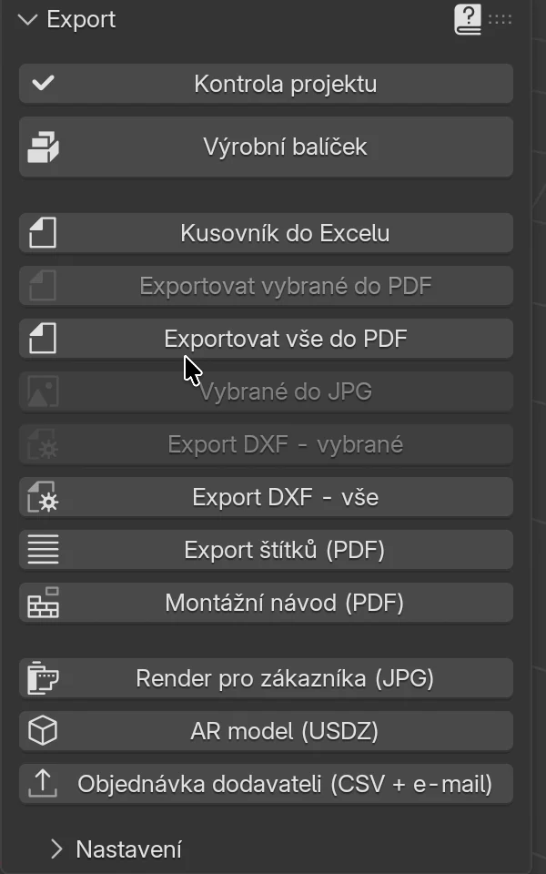 Panel Export s tlačítky Kontrola projektu a Výrobní balíček, exporty do Excelu, PDF a DXF, štítky, montážní návod, Render pro zákazníka (JPG), AR model (USDZ) a Objednávka dodavateli; Render pro zákazníka je stisknuté