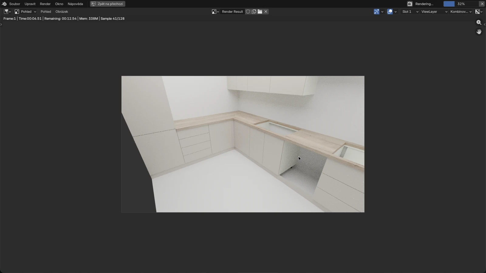 Probíhající render: kuchyně z rohu místnosti je ještě zrnitá, nad obrázkem je Sample 56/128 a ukazatel průběhu vpravo nahoře ukazuje 43 %