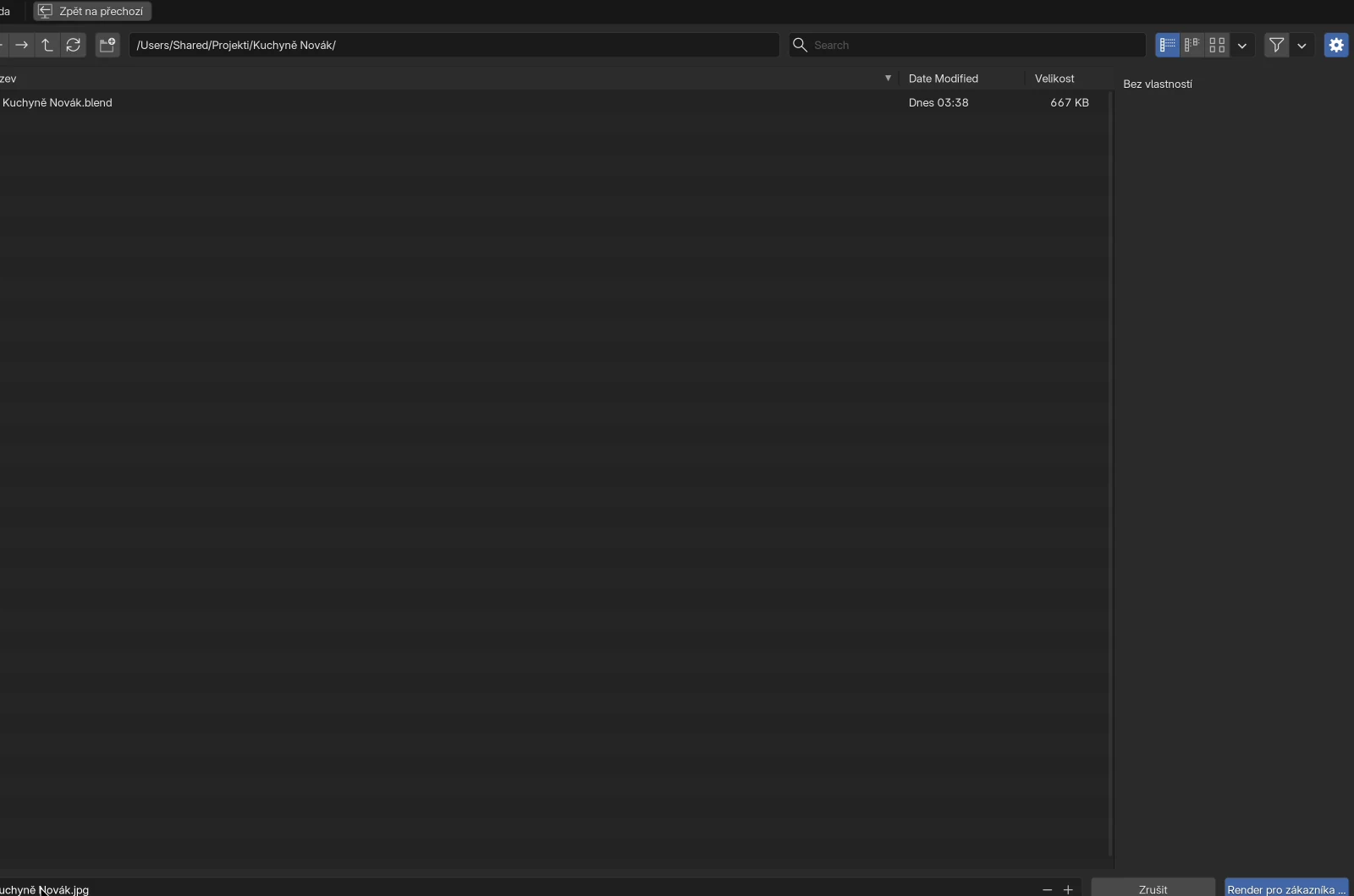 Okno pro uložení ve složce Kuchyně Novák se souborem Kuchyně Novák.blend, dole název obrázku Kuchyně Novák.jpg a tlačítka Zrušit a Render pro zákazníka (JPG)