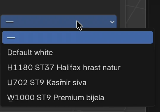 Otevřený seznam Čela: pomlčka (beze změny), Default white, H1180 ST37 Halifax hrast natur, U702 ST9 Kašmir siva a W1000 ST9 Premium bijela