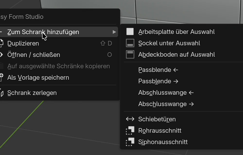 Das Rechtsklickmenü auf einem Schrank mit geöffnetem Untermenü Zum Schrank hinzufügen