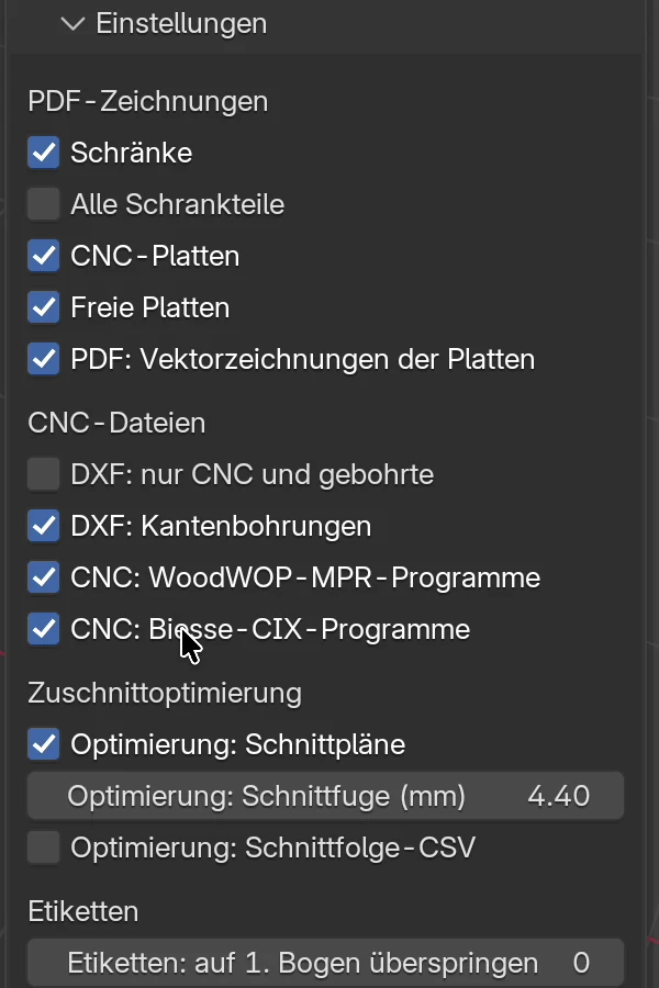 Die Box Einstellungen im Panel Export: PDF-Zeichnungen, CNC-Dateien, Zuschnittoptimierung und Etiketten; hier sind auch MPR und CIX eingeschaltet