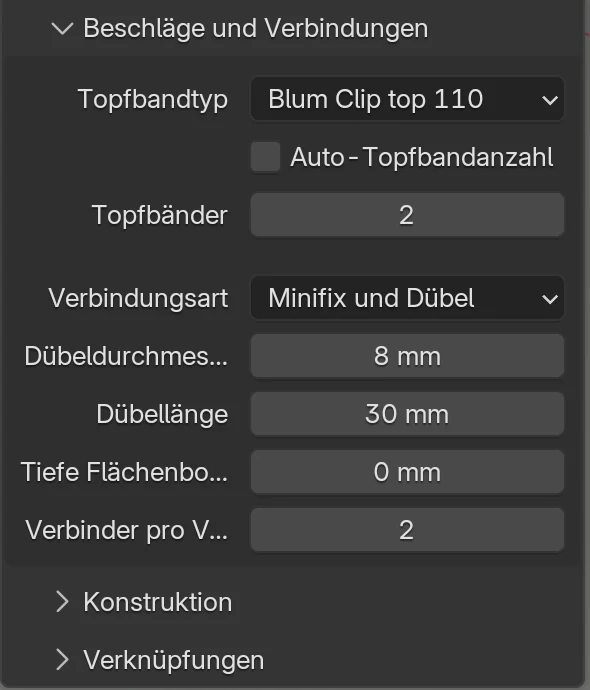 Die Box Beschläge und Verbindungen mit Verbindungsart Minifix und Dübel: Dübeldurchmesser 8 mm, Dübellänge 30 mm, Tiefe Flächenbohrung 0 mm, Verbinder pro Verbindung 2