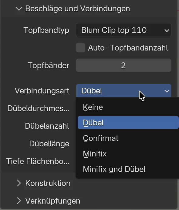 Die Box Beschläge und Verbindungen mit geöffnetem Menü Verbindungsart: Keine, Dübel, Confirmat, Minifix, Minifix und Dübel; darunter die Felder Dübeldurchmesser, Dübelanzahl, Dübellänge und Tiefe Flächenbohrung