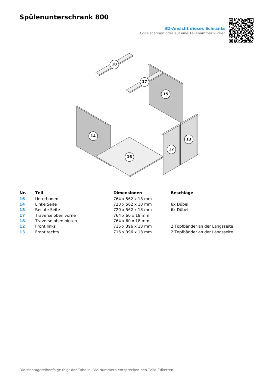 Eine Seite der Montageanleitung für Spülenunterschrank 800: Titel, Schrank-QR oben rechts, Explosionsdarstellung mit den Nummern 12 bis 18 in Kreisen und die Tabelle Nr., Teil, Dimensionen, Beschläge