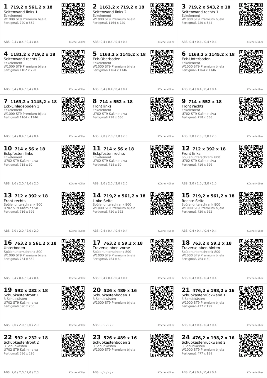Der erste Etikettenbogen: 24 Etiketten in 3 Spalten und 8 Reihen, jedes mit Nummer, Zuschnittmaß, Platten- und Schrankname, Material, Kantenband und QR-Code