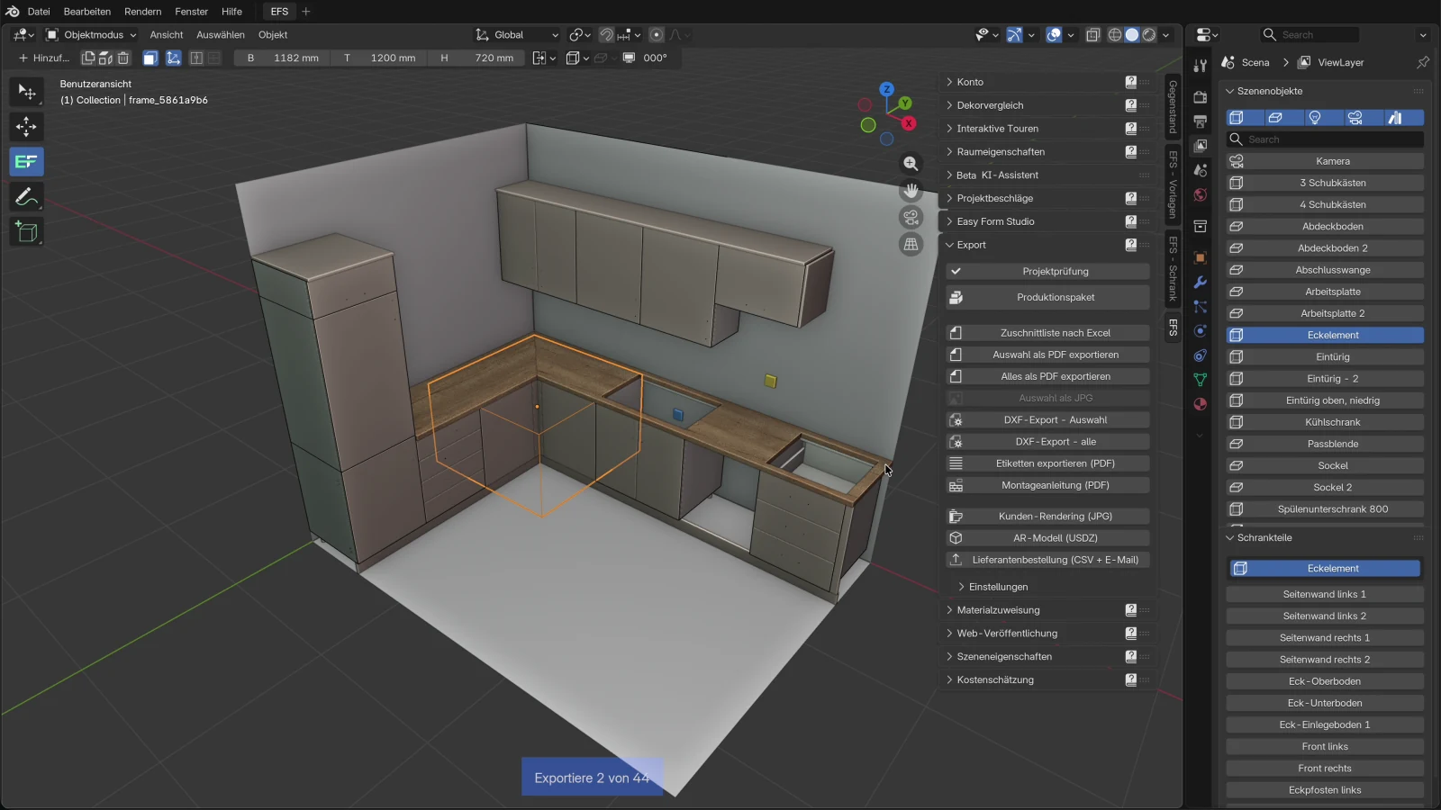 Die Zeichnungen werden im Hintergrund gerendert: Exportiere 4 von 44 unten in der 3D-Ansicht und oben rechts die Meldung Produktionspaket: 9 Dateien in /Users/Shared/Projekti/Küche Müller/Küche Müller_produktion