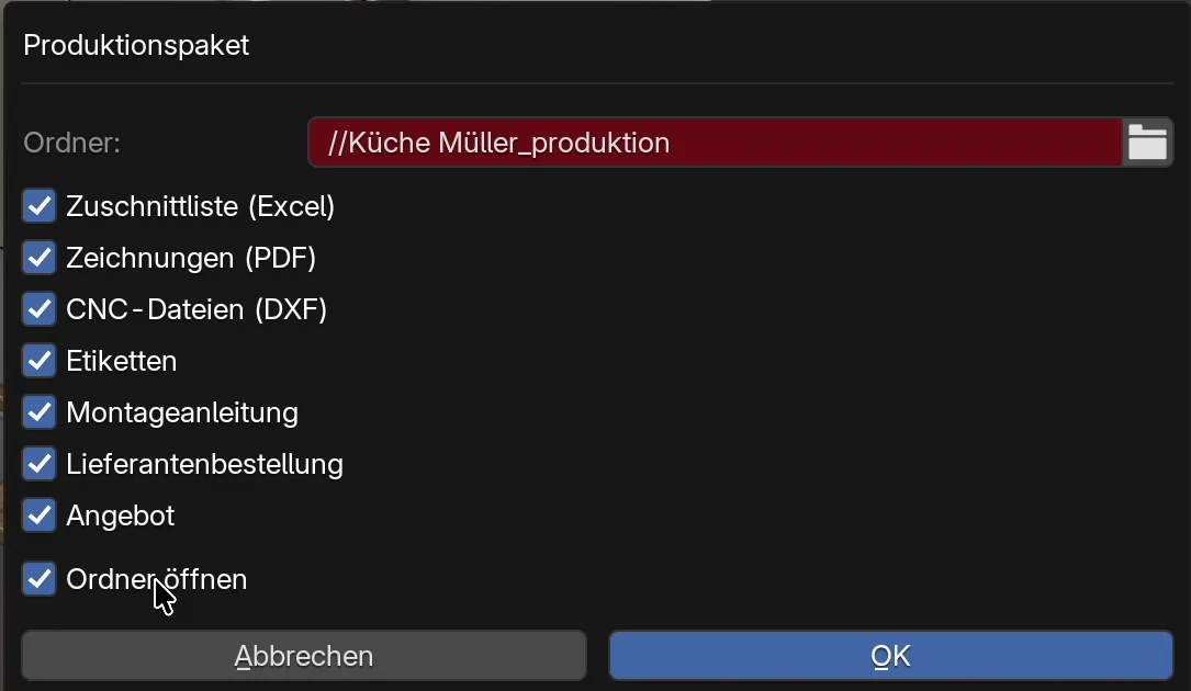 Das Fenster Produktionspaket: Ordner //Küche Müller_produktion, Kontrollkästchen Zuschnittliste (Excel), Zeichnungen (PDF), CNC-Dateien (DXF), Etiketten, Montageanleitung, Lieferantenbestellung, Angebot, Ordner öffnen, Schaltflächen Abbrechen und OK