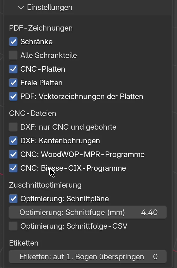 Das Unterpanel Einstellungen mit den Gruppen PDF-Zeichnungen, CNC-Dateien, Zuschnittoptimierung und Etiketten
