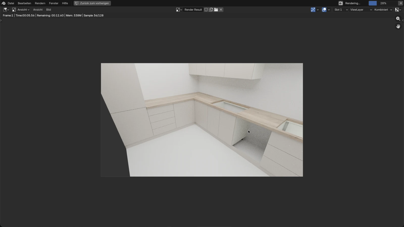 Rendering läuft: Die Küche, aus einer Ecke des Raums gesehen, ist noch körnig, über dem Bild steht Sample 56/128, und der Fortschrittsbalken oben rechts zeigt den Fortschritt mit 43 %