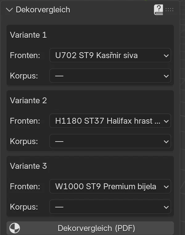 Panel Dekorvergleich: Variante 1 Fronten U702, Variante 2 Fronten H1180, Variante 3 Fronten W1000, Korpus überall ein Strich, darunter die Schaltfläche Dekorvergleich (PDF)