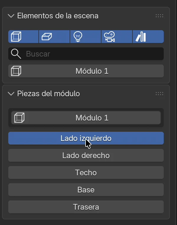 La lista Elementos de la escena con Módulo 1 y la lista Piezas del módulo con Lado izquierdo seleccionado