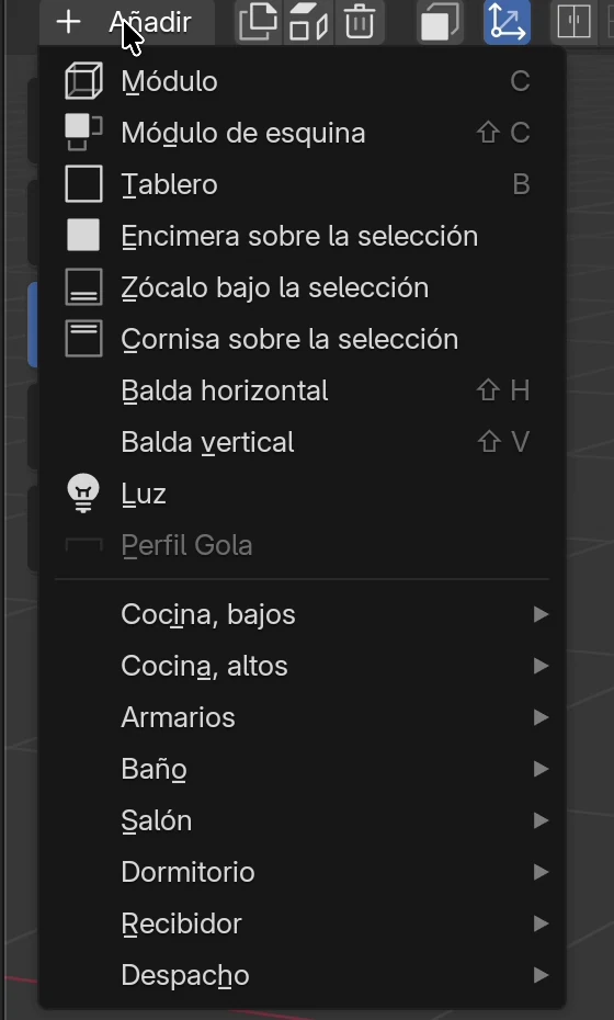 El menú Añadir abierto: Módulo, Módulo de esquina, Tablero, Encimera sobre la selección, Zócalo bajo la selección, Cornisa sobre la selección, Balda horizontal, Balda vertical, Luz, Perfil Gola y las categorías de plantillas