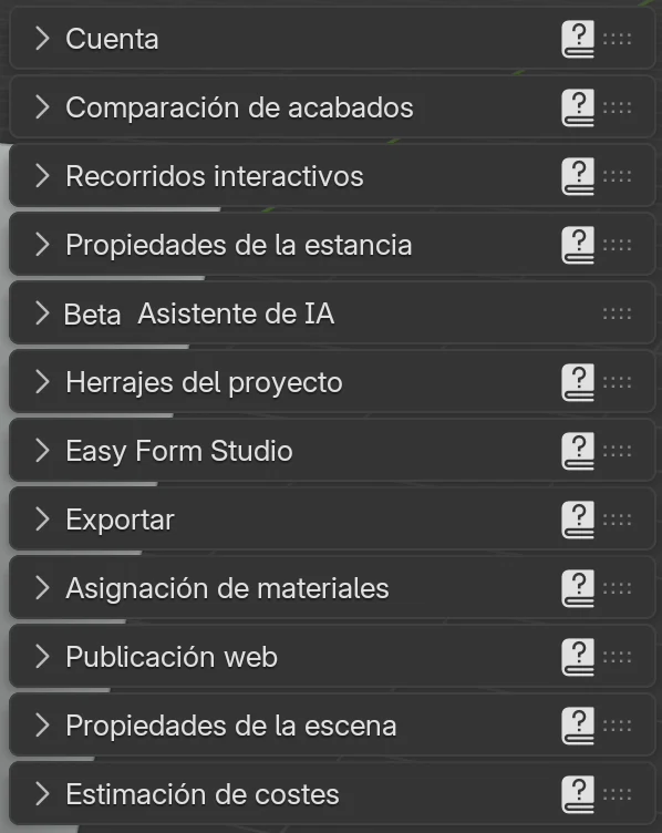 Paneles de la pestaña EFS: Cuenta, Comparación de acabados, Recorridos interactivos, Propiedades de la estancia, Beta Asistente de IA, Herrajes del proyecto, Easy Form Studio, Exportar, Asignación de materiales, Publicación web, Propiedades de la escena y Estimación de costes