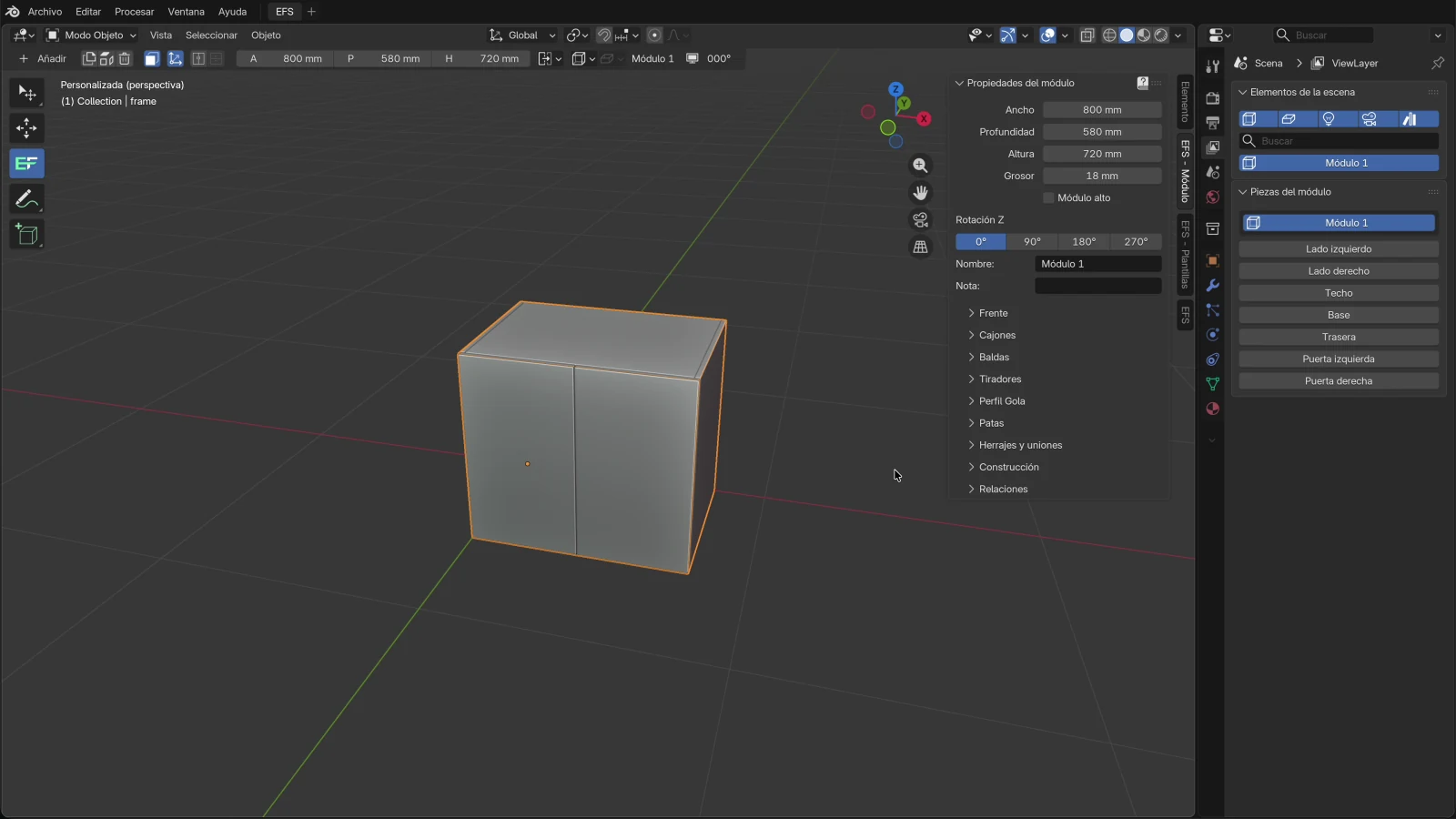 La pantalla de Easy Form Studio con un módulo seleccionado: la barra de herramientas a la izquierda, el encabezado de la herramienta EFS arriba, la pestaña EFS - Módulo en la barra lateral y las listas Elementos de la escena y Piezas del módulo a la derecha
