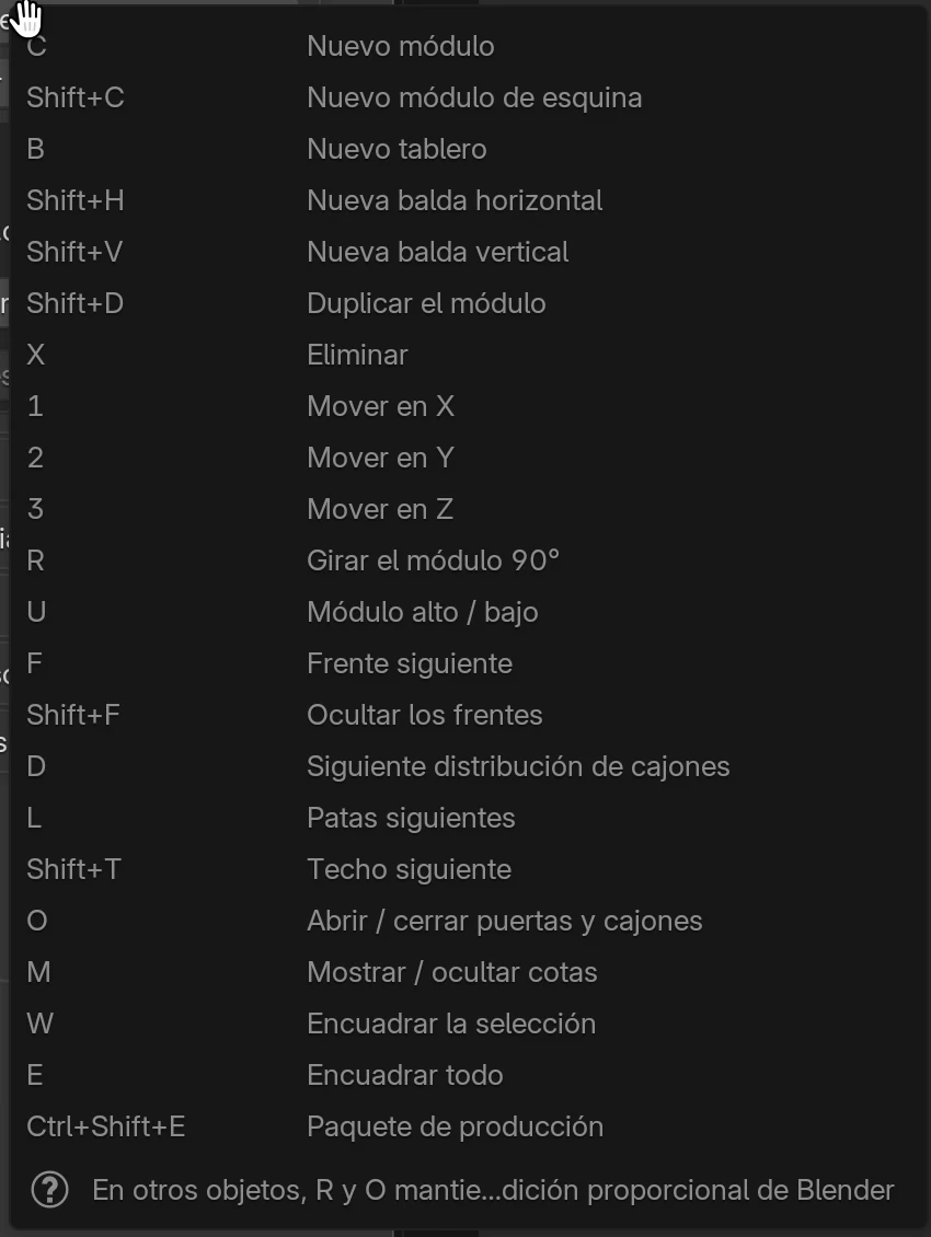 La lista de teclas de Easy Form Studio, abierta con el botón Teclas