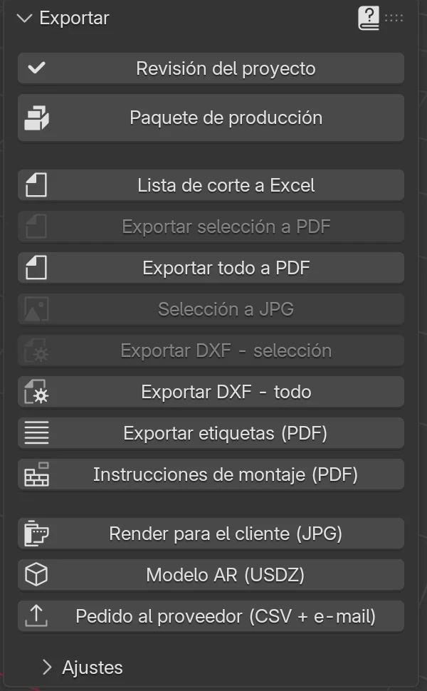 El panel Exportar de la pestaña EFS: Revisión del proyecto, Paquete de producción, Lista de corte a Excel, PDF, JPG, DXF, etiquetas, instrucciones de montaje, render, modelo AR, pedido al proveedor y el recuadro Ajustes