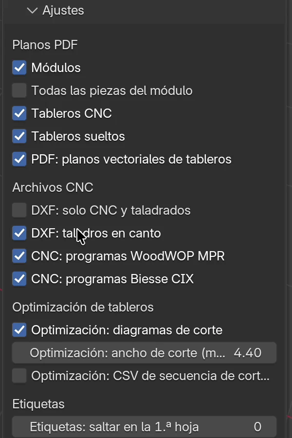 El recuadro Ajustes del panel Exportar: Planos PDF, Archivos CNC, Optimización de tableros y Etiquetas; aquí también están activados MPR y CIX