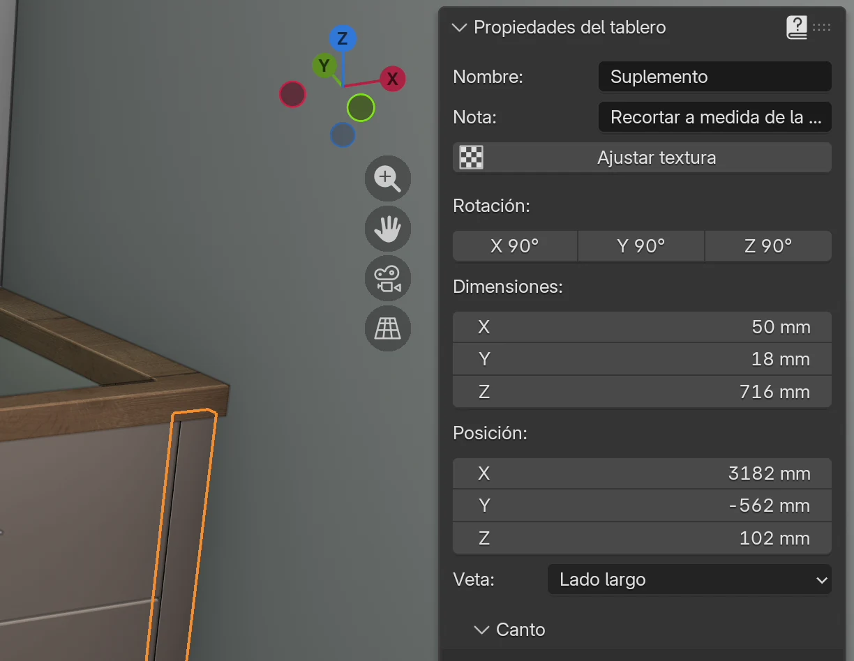 Un suplemento seleccionado en la escena, la pestaña EFS - Tablero con Nombre Suplemento y Nota Recortar a medida de la pared