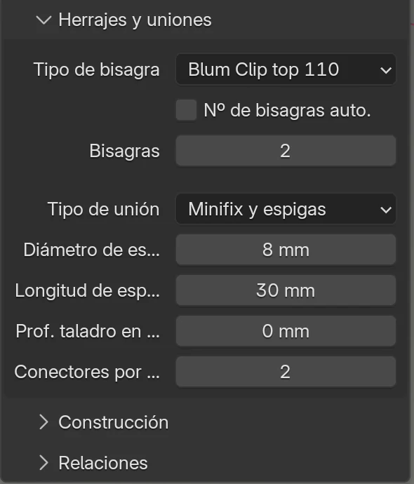El recuadro Herrajes y uniones con Tipo de unión Minifix y espigas: Diámetro de espiga 8 mm, Longitud de espiga 30 mm, Prof. taladro en cara 0 mm, Conectores por unión 2