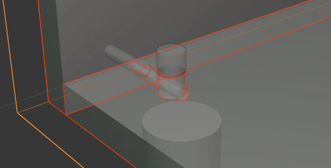Minifix en la vista Rayos X: una excéntrica vertical en la base y un taladro horizontal desde el canto de la base hacia el costado