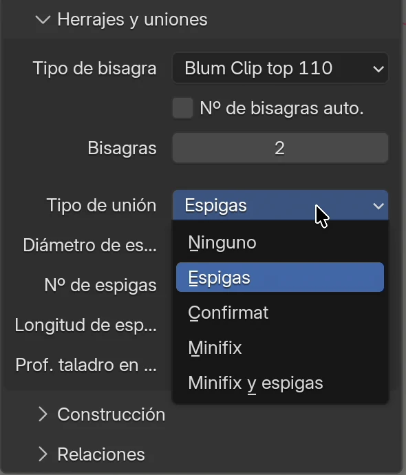 El recuadro Herrajes y uniones con el menú Tipo de unión abierto: Ninguno, Espigas, Confirmat, Minifix, Minifix y espigas; debajo, los campos Diámetro de espiga, Nº de espigas, Longitud de espiga y Prof. taladro en cara