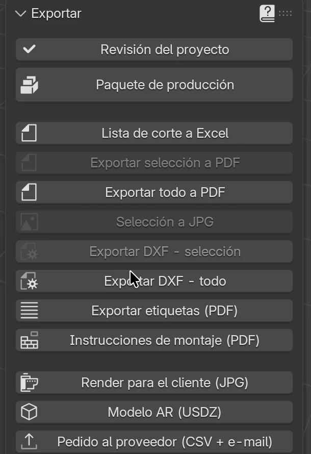 El panel Exportar: Revisión del proyecto, Paquete de producción, Lista de corte a Excel, exportaciones PDF y DXF, Exportar etiquetas (PDF), Instrucciones de montaje (PDF), Render para el cliente (JPG), Modelo AR (USDZ) y Pedido al proveedor