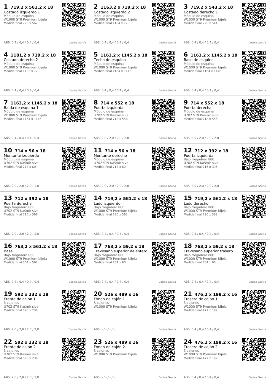 La primera hoja de etiquetas: 24 etiquetas en 3 columnas y 8 filas, cada una con número, medida de corte, nombre del tablero y del módulo, material, canto y código QR