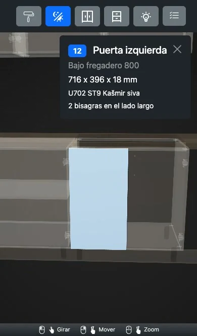 La vista web en un móvil: la puerta izquierda del bajo fregadero resaltada en azul, los demás módulos transparentes, la ficha de pieza 12 Puerta izquierda, Bajo fregadero 800, 716 x 396 x 18 mm, U702 ST9 Kašmir siva, 2 bisagras en el lado largo