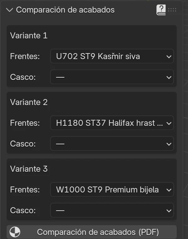 Panel Comparación de acabados: Variante 1 frentes U702, Variante 2 frentes H1180, Variante 3 frentes W1000, casco con un guion en todas, debajo el botón Comparación de acabados (PDF)