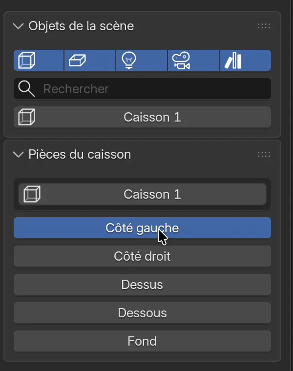 La liste Objets de la scène avec Caisson 1 et la liste Pièces du caisson avec Côté gauche sélectionné