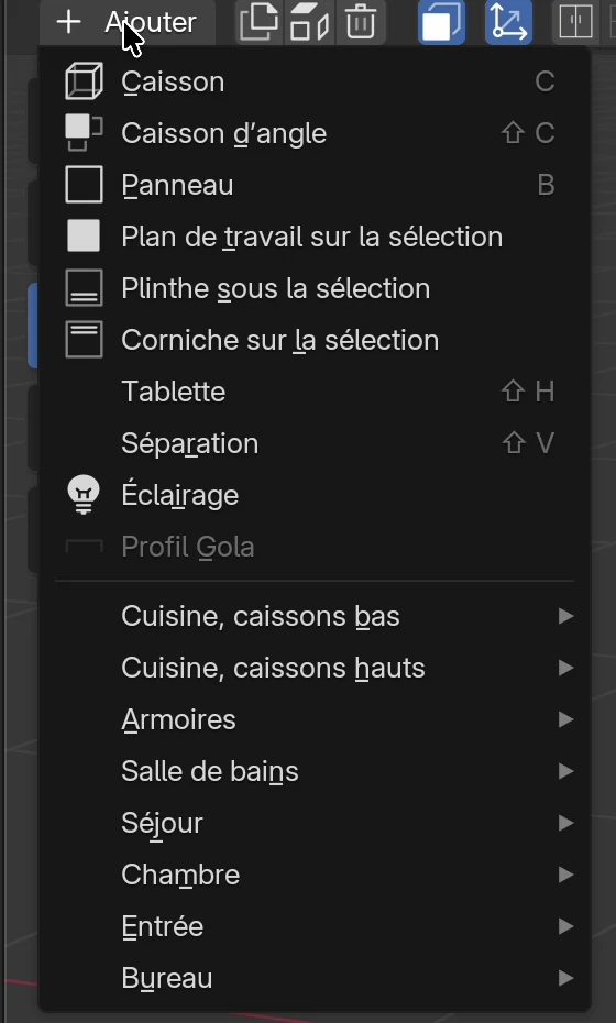 Le menu Ajouter ouvert : Caisson, Caisson d’angle, Panneau, Plan de travail sur la sélection, Plinthe sous la sélection, Corniche sur la sélection, Tablette, Séparation, Éclairage, Profil Gola et les catégories de modèles