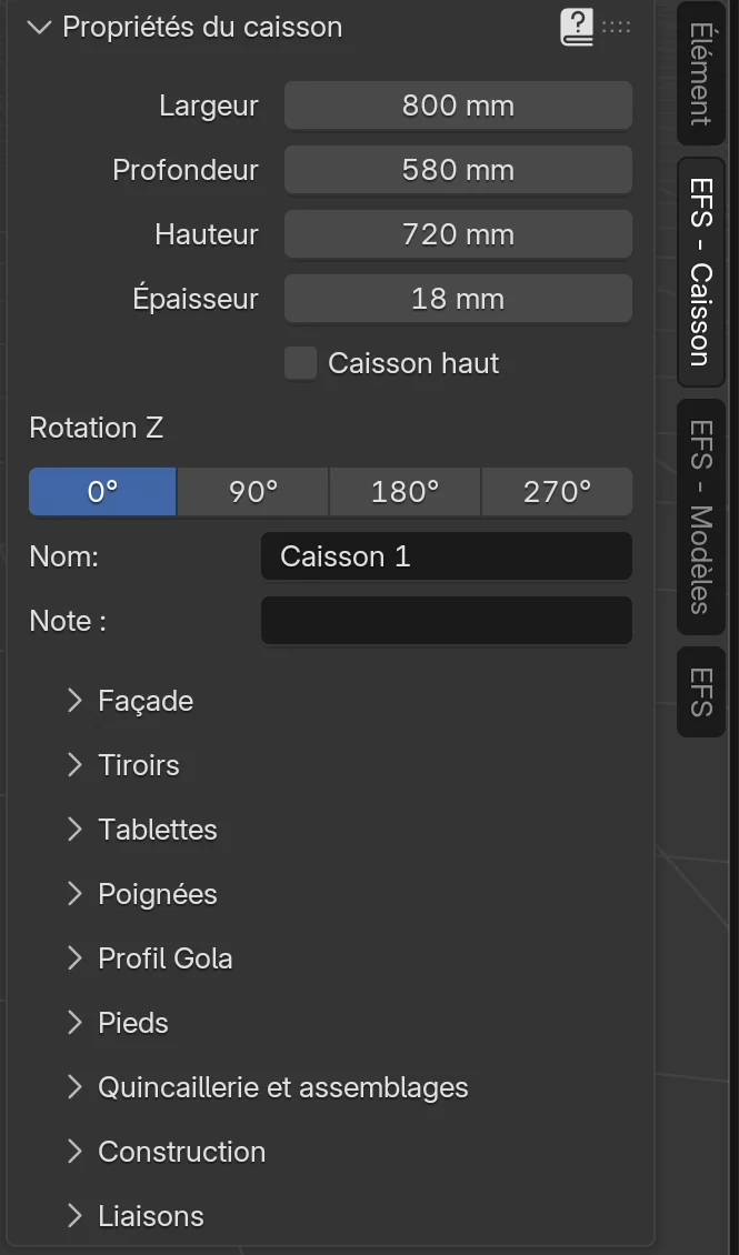 L’onglet EFS - Caisson : Propriétés du caisson avec une largeur de 800 mm, une profondeur de 580 mm, une hauteur de 720 mm et une épaisseur de 18 mm, Rotation Z, nom et note, en dessous les cadres repliés Façade, Tiroirs, Tablettes, Poignées, Profil Gola, Pieds, Quincaillerie et assemblages, Construction et Liaisons