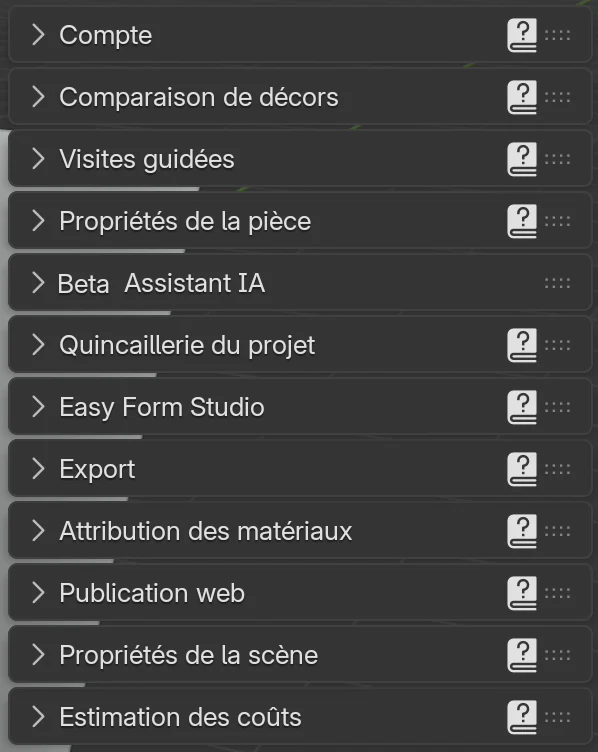 Les panneaux de l’onglet EFS : Compte, Comparaison de décors, Visites guidées, Propriétés de la pièce, Beta Assistant IA, Quincaillerie du projet, Easy Form Studio, Export, Attribution des matériaux, Publication web, Propriétés de la scène et Estimation des coûts