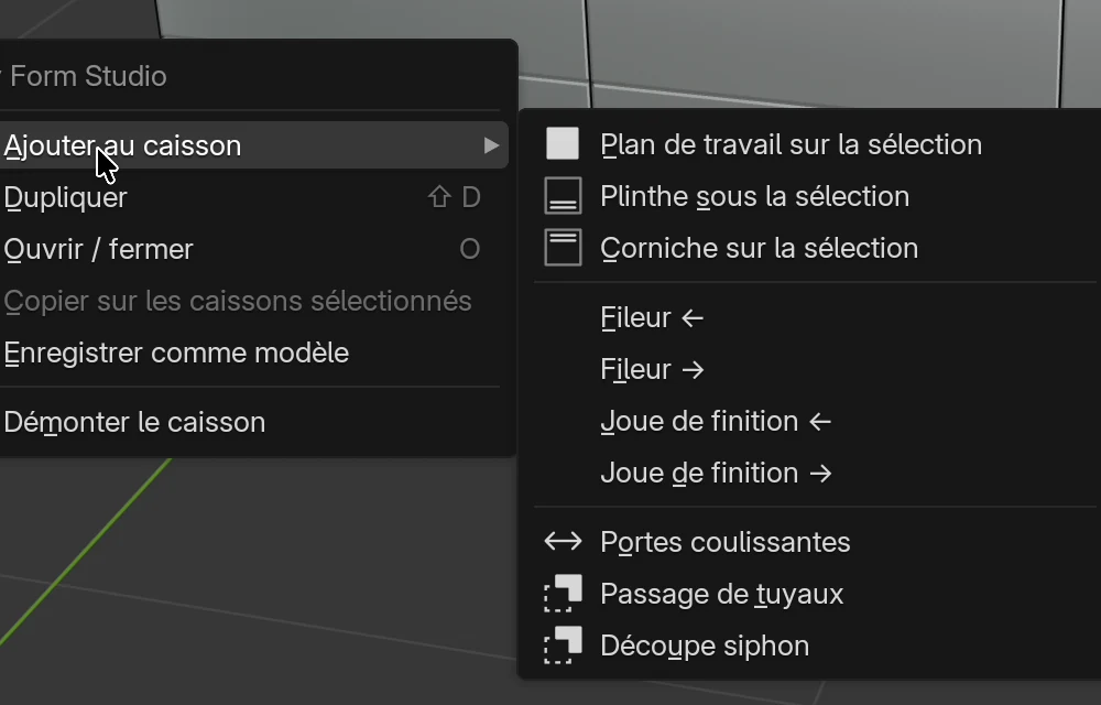 Le menu du clic droit sur un caisson avec le sous-menu Ajouter au caisson ouvert