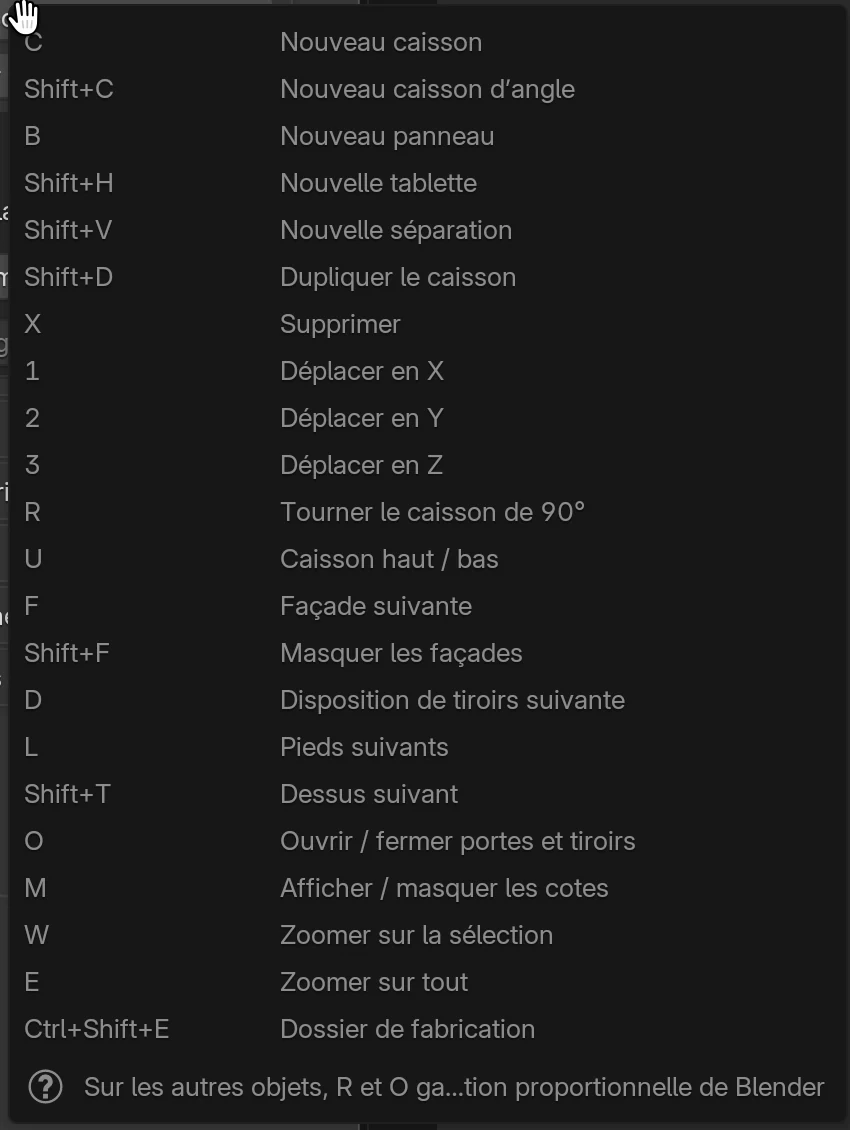 La liste des raccourcis d’Easy Form Studio, ouverte avec le bouton Raccourcis