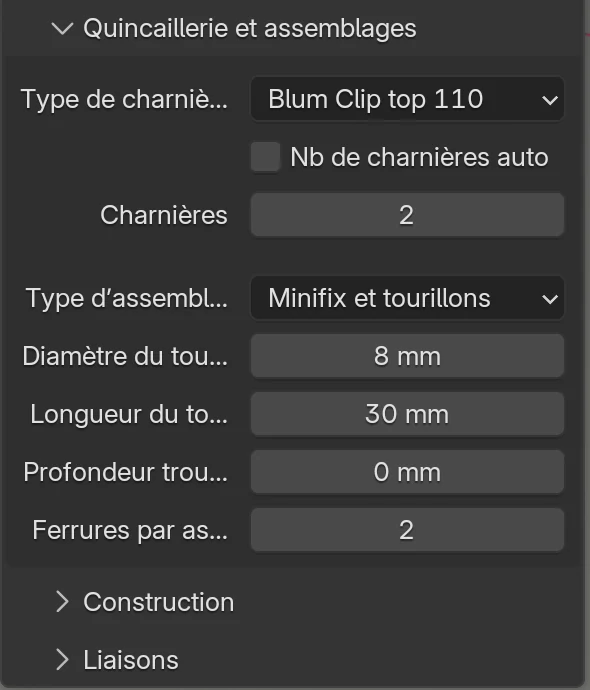 Le cadre Quincaillerie et assemblages avec Type d’assemblage Minifix et tourillons : Diamètre du tourillon 8 mm, Longueur du tourillon 30 mm, Profondeur trou de face 0 mm, Ferrures par assemblage 2