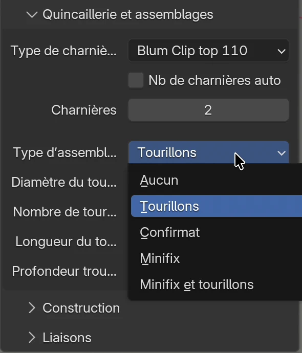 Le cadre Quincaillerie et assemblages avec le menu Type d’assemblage ouvert : Aucun, Tourillons, Confirmat, Minifix, Minifix et tourillons ; en dessous, les champs Diamètre du tourillon, Nombre de tourillons, Longueur du tourillon et Profondeur trou de face