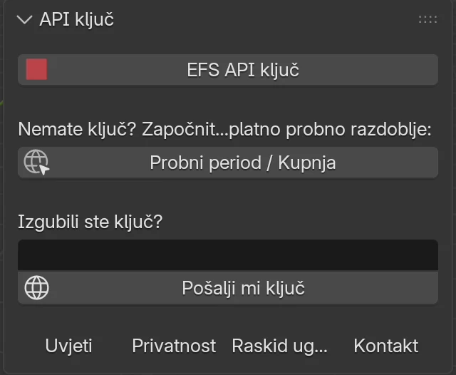 Panel API ključ s gumbima EFS API ključ, Probni period / Kupnja i Pošalji mi ključ