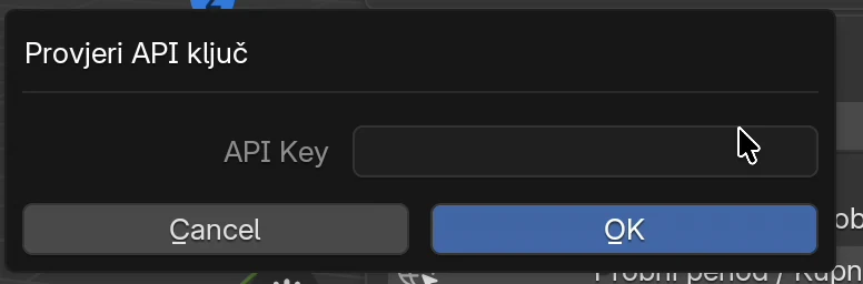 Prozor Provjeri API ključ s praznim poljem API Key i gumbima Cancel i OK