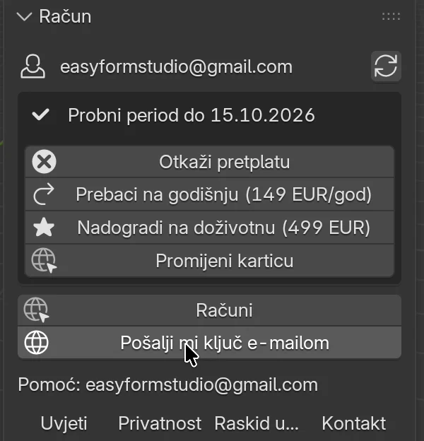 Panel Račun u probnom periodu: e-mail, stanje Probni period do 15.10.2026 i gumbi za pretplatu