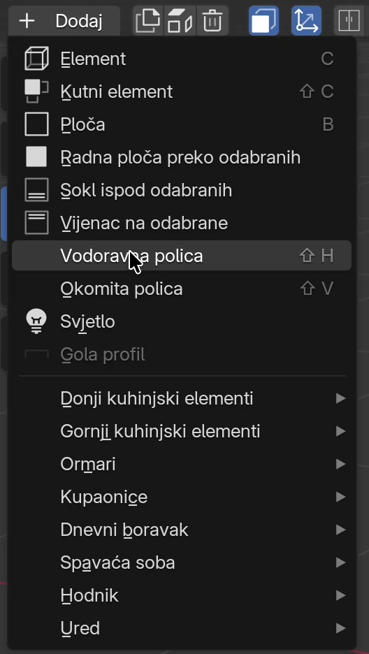 Izbornik Dodaj u zaglavlju s Vodoravna polica (Shift H) i Okomita polica (Shift V)