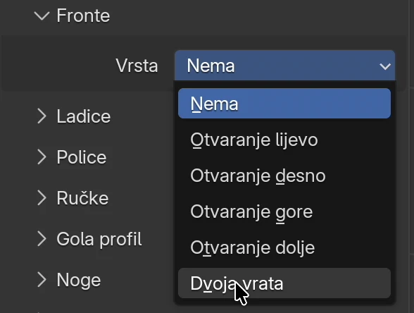 Okvir Fronte s otvorenim izbornikom Vrsta: Nema, Otvaranje lijevo, Otvaranje desno, Otvaranje gore, Otvaranje dolje, Dvoja vrata