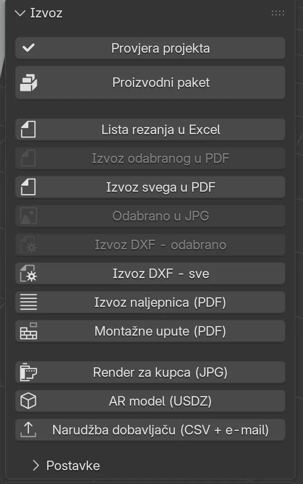 Panel Izvoz: Provjera projekta, Proizvodni paket, Lista rezanja u Excel, Izvoz odabranog u PDF, Izvoz svega u PDF, Odabrano u JPG, Izvoz DXF - odabrano i - sve, Izvoz naljepnica (PDF), Montažne upute (PDF), Render za kupca (JPG), AR model (USDZ), Narudžba dobavljaču (CSV + e-mail) i sklopljene Postavke